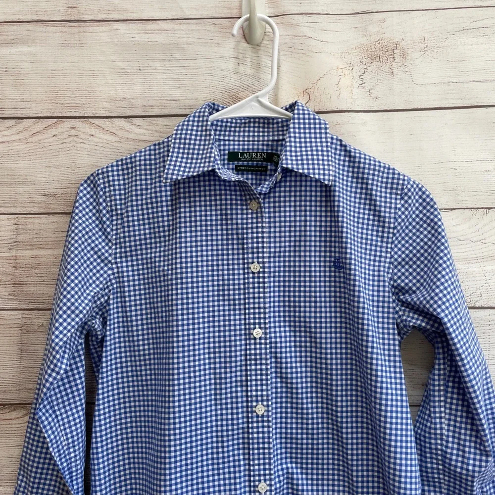 NEW WITHOUT TAGS LAUREN‎ RALPH LAUREN BLUE GINGHAM BUTTON FRONT SHIRT